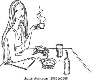 The Woman Sitts In The Caffe And Has A Breakfast - Sketchy Hand-drawn Vector Illustration.