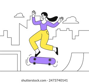 Woman at skateboard concept. Young girl skateboarding in city. Active lifestyle and extreme sports. Teenager leisure outdoors. Linear flat vector illustration isolated on white background