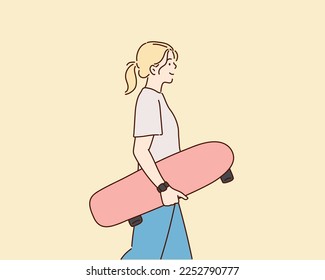 Woman Skateboarder. Hand drawn style vector design illustrations.Hand drawn style vector design illustrations.