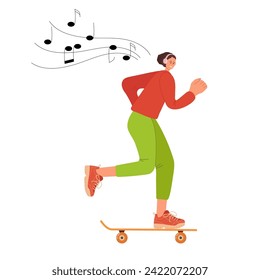 Woman skateboarder listens to music with headphones. Modern female character enjoying leisure time. Healthy Active Freedom lifestyle. Colored vector illustration. Happy funny woman riding skateboard.