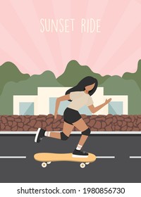Woman skateboarding. Sunset ride poster, vector illustration