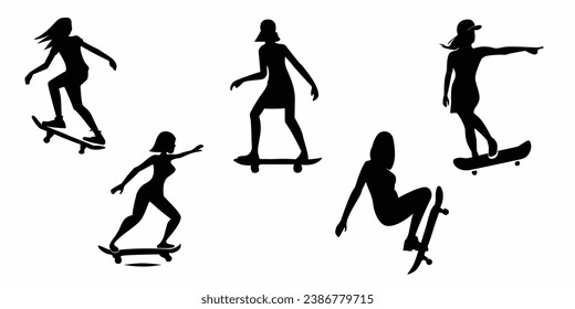 Woman skater silhouettes set. Set of skater girl silhouettes. Vector illustration