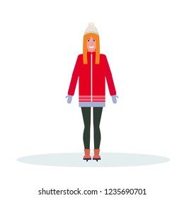 woman skater wearing winter clothes girl skating female cartoon character full length flat isolated