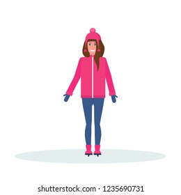 woman skater wearing winter clothes girl skating female cartoon character full length flat isolated