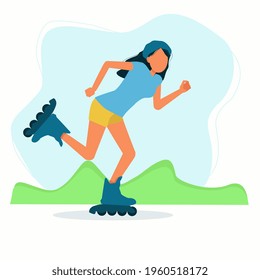 A woman skates on roller skates. Entertainment in her free time, respecting the distance. Vector image in flat style.