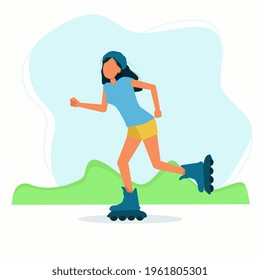 A woman skates on roller skates. Entertainment in her free time, respecting the distance. Vector image in flat style.