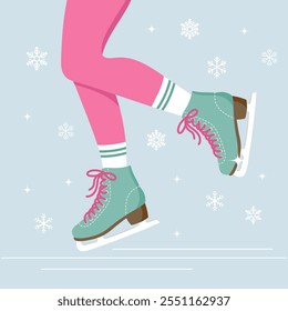 Woman skating. Legs of girl in Figure skates. Winter sport. Flat illustration, postcard