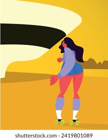 woman skating at mac museum sunset - flat character - vector illustration – linear illustration