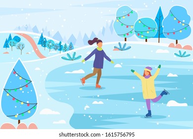 Woman skating on ice land in winter park. Females friends in skates walking near snowy fir-tree, snow-falling weather outdoor. People characters have active day near spruce wood on hill vector