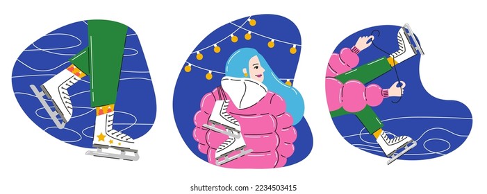 Patinaje femenino en el anillo de hielo. Niña poniéndose patines. Conjunto de coloridas ilustraciones vectoriales de invierno para banner, sitio web. 