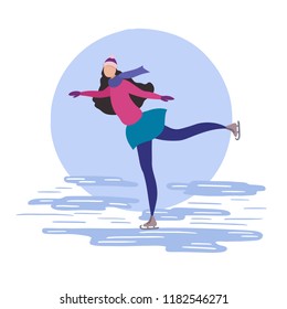 Woman skating on ice rink, flat design vector illustration,  young girl wearing skate boots making move, for advertising, web graphics, infographics, sport