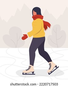 Woman Skating On Ice Winter Cozy Portrait Vector Illustration In Flat Style