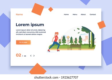 Woman skating in park with distant buildings in background. Lifestyle, activity, leisure concept. Vector illustration can be used for topics like summer, holiday, sport