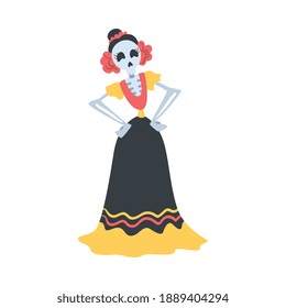 Woman Skeleton Dressed in Mexican Traditional Costume, Dia de Muertos, Day of the Dead Cartoon Style Vector Illustration