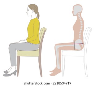 A woman and a skeleton figure sitting on a chair with the correct posture