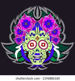 Woman skeleton with flowers and floral ornament poster