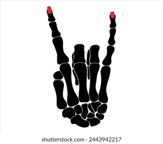 Woman skeleton hand with red polish in rock n roll sign, hand drawn vector isolated illustration