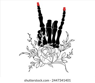 Woman skeleton hand with red polish in rock n roll sign decorated by peony flowers,  hand drawn vector isolated illustration