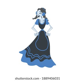 Woman Skeleton in Mexican Traditional Black and Blue Dress Dancing, Dia de Muertos, Day of the Dead Cartoon Style Vector Illustration