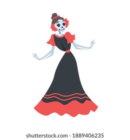 Woman Skeleton in Mexican Traditional Black and Red Dress Dancing, Dia de Muertos, Day of the Dead Cartoon Style Vector Illustration