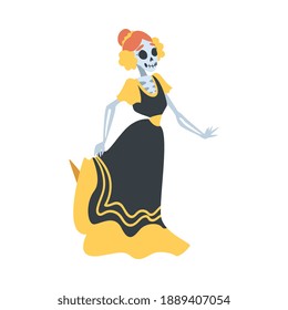 Woman Skeleton in Mexican Traditional Black and Yellow Dress Dancing, Dia de Muertos, Day of the Dead Cartoon Style Vector Illustration