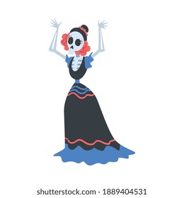 Woman Skeleton in Mexican Traditional Costume Dancing, Day of the Dead Cartoon Style Vector Illustration