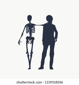 Woman and skeleton standing and hugging. Halloween party design template. Friends embrace