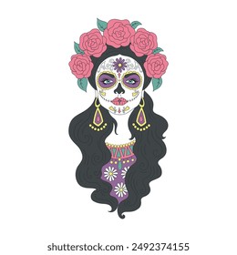 Woman Skeleton sugar scull vector clip-art isolated on white. Day of the Dead illustration