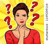 Woman skeptical facial expressions face with question marks upon hear head. Pop art retro vector illustration in comic style