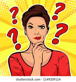 Woman skeptical facial expressions face with question marks upon hear head. Pop art retro vector illustration in comic style