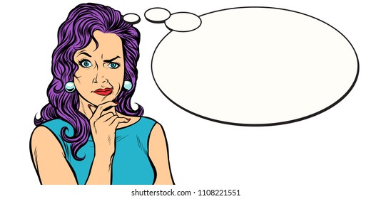 woman skeptical person mimics comic balloon. Pop art retro vector illustration kitsch vintage