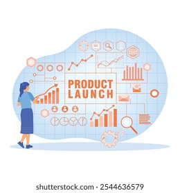 Mujer dibujando el lanzamiento del producto. Emprendedor desarrolla estrategia de negocio. Es hora de lanzar el concepto. Ilustración vectorial plana.