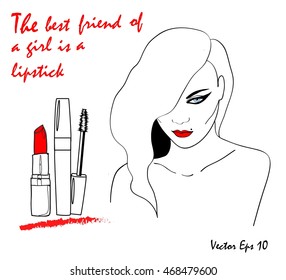 Woman sketch.Template cosmetic card. Hand drawn illustration. Red Lipstick Calligraphy sketch. Brushstroke with rough edges.Makeup artist business card. Vector flat design of make up.