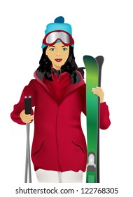 Woman in ski goggles with skis isolated on white background
