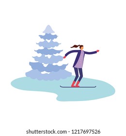 woman with ski and pine tree winter season