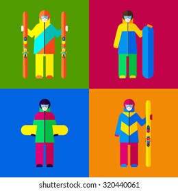 Woman in ski and snowboard suits with skis and snowboards. Set of vector illustrations.