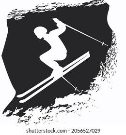 Woman skier in extreme jump - black-white abstract background in grunge style, vector. Winter sports. Tourism. Travel