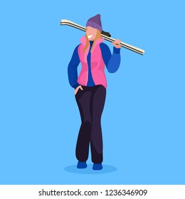 woman skier holding skis happy girl wearing ski suit winter vacation activity concept female cartoon character full length flat