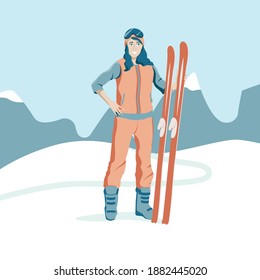 Woman skier holding skis happy girl wearing ski suit winter vacation activity 