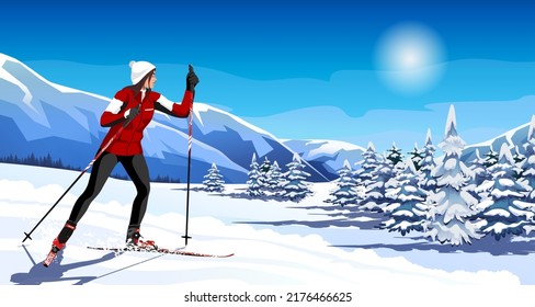 Woman skier in red sport suit on winter background. Advanced skier girl slides near mountains, forrest. Country cross skier in Alps. Blue sky and beautiful nature in ski resort. Vector illustrations