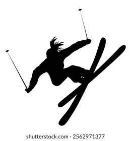 Woman Skier Silhouette Skiing in Winter Landscape