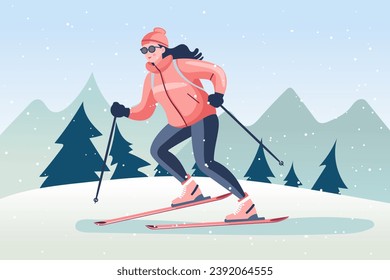 Woman skier in sportswear, pink jacket, black pants and goggles. An athlete skis down the mountain. Winter sport and active recreation concept.