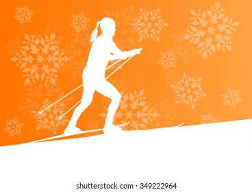 Woman skiing athlete skier skiing extreme winter background concept with snowflakes falling