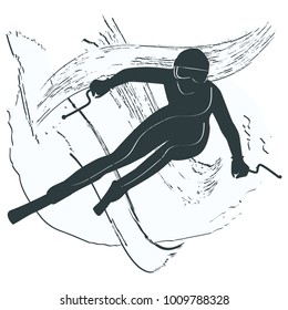Woman skiing down from the mountains - abstract ski trail in grunge style - isolated on white background - vector illustration
