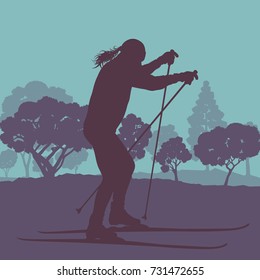 Woman skiing in forest vector background landscape with sunset
