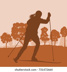 Woman skiing in forest vector background landscape with sunset