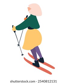 Woman skiing, person doing winter sports in warm casual clothes. Isolated simple flat cartoon female skier character. Vector illustration.