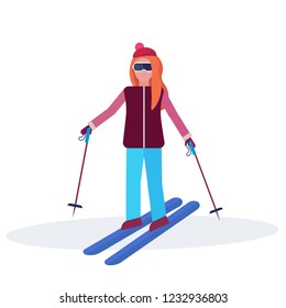 woman skiing sport activities lady wearing goggles ski suit female carton character sportswoman on skis full length flat isolated vector illustration