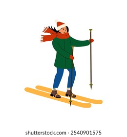 A woman skiing in winter attire with poles, enjoying a snowy day in the mountains