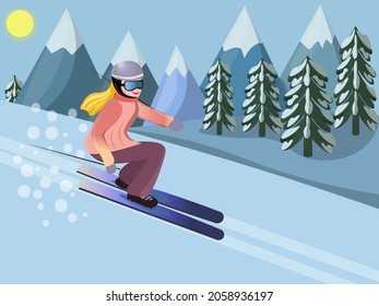 Woman skiing. Winter landscape in the mountains. Vector illustration in flat cartoon style